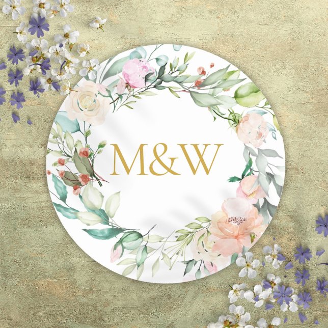 Gold Monogram Initials Rose Garland Floral Runder Aufkleber (Gold Monogram Initials Roses Garland Floral Classic Round Sticker)