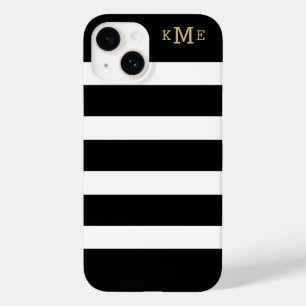 Gold Monogram Initials Schwarz und Weiß Streifen Case-Mate iPhone Hülle