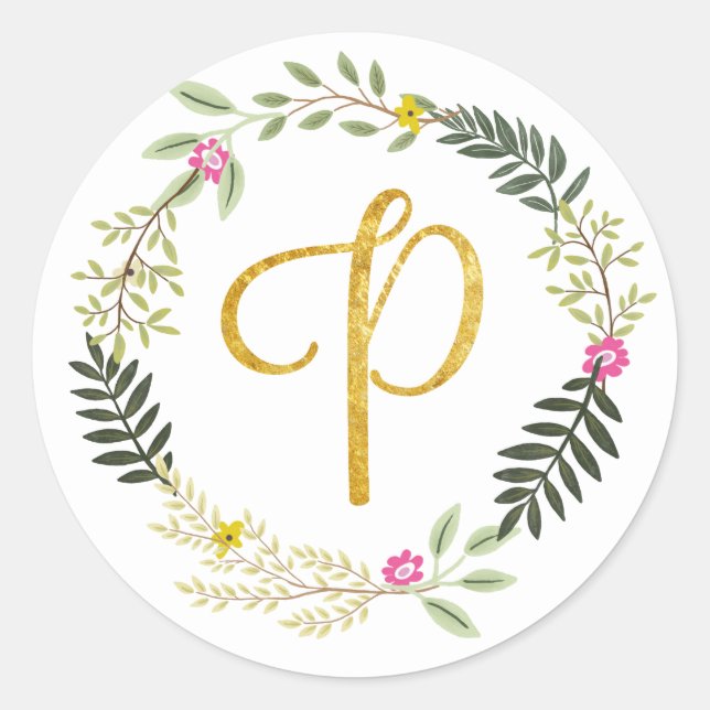 Gold Monogram Leaf P Runder Aufkleber (Vorderseite)