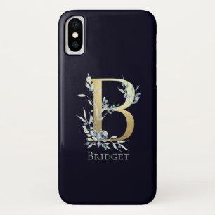 Gold Monogram Letter B Navy Blue Floral Name Case-Mate iPhone Hülle