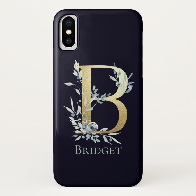 Gold Monogram Letter B Navy Blue Floral Name Case-Mate iPhone Hülle (Rückseite)