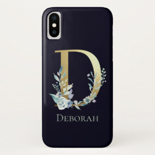 Gold Monogram Letter D Navy Blue Floral Name Case-Mate iPhone Hülle