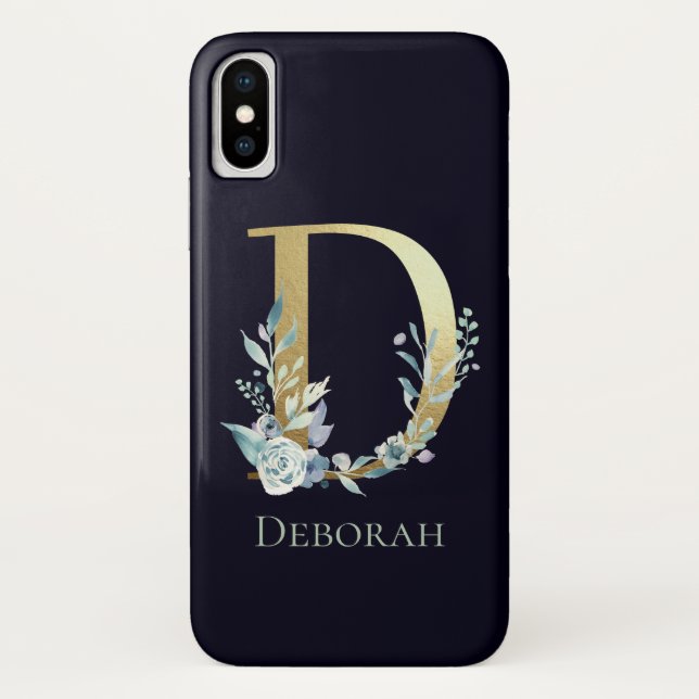 Gold Monogram Letter D Navy Blue Floral Name Case-Mate iPhone Hülle (Rückseite)