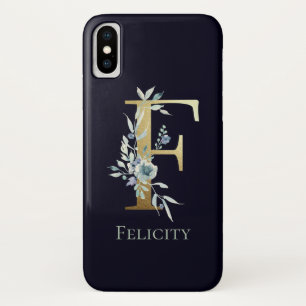 Gold Monogram Letter F Dark Blue Floral Name Case-Mate iPhone Hülle