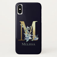 Gold Monogram Letter M Navy Blue Floral Name