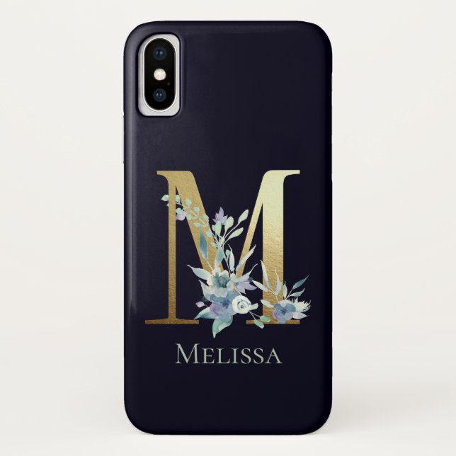 Gold Monogram Letter M Navy Blue Floral Name Case-Mate iPhone Hülle (Rückseite)