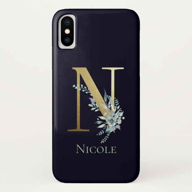 Gold Monogram Letter N Navy Blue Floral Name Case-Mate iPhone Hülle (Rückseite)