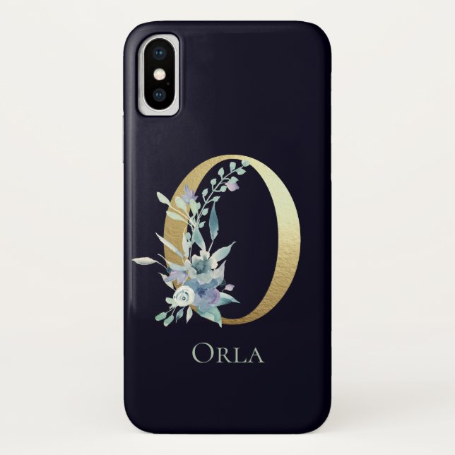 Gold Monogram Letter O Navy Blue Floral Name Case-Mate iPhone Hülle (Rückseite)