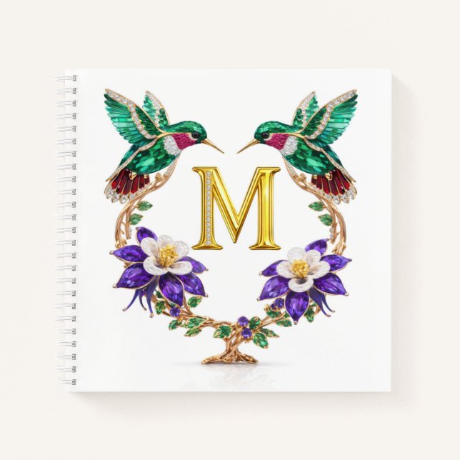 Gold Monogram M Hummingbird Jeweled Wedding Notizbuch (Vorderseite)