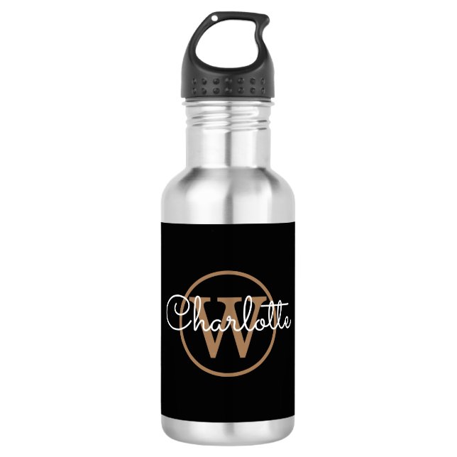 Gold Monogram Modern Script Black  Edelstahlflasche (Vorderseite)