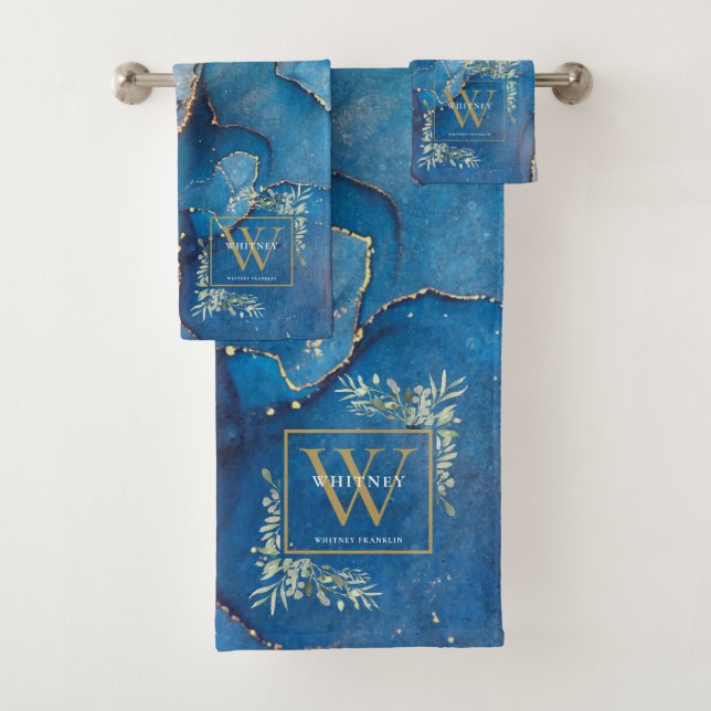 Gold Monogram Name Greenery Blue Agate Geode Badhandtuch Set (Insitu)
