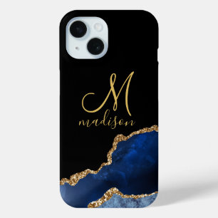 Gold Monogram Navy Blue Gold Glitzer Agate Case-Mate iPhone Hülle