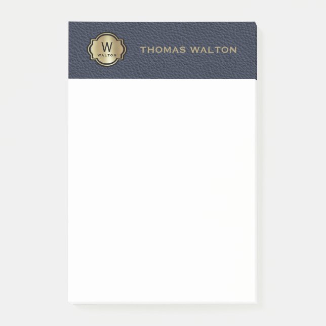 Gold Monogram Navy Blue Leather Look Elegant Post-it Klebezettel (Vorderseite)