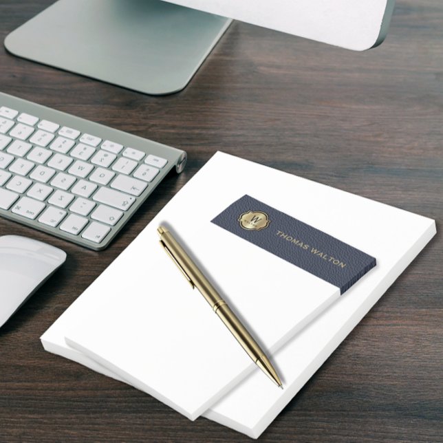 Gold Monogram Navy Blue Leather Look Elegant Post-it Klebezettel (Von Creator hochgeladen)