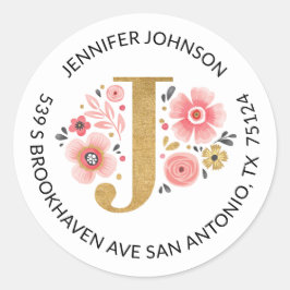 Gold Monogram Pink Floral Rücksendeadresse Runder Aufkleber