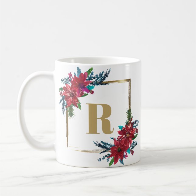 Gold Monogram Poinsettia Weihnachten Kaffeetasse (Links)