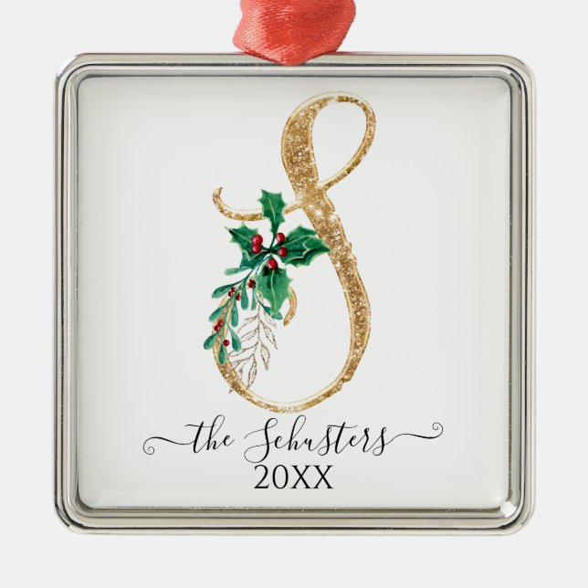Gold Monogram S Glitzer Christmas Holly Foliage Ornament Aus Metall (Vorne)