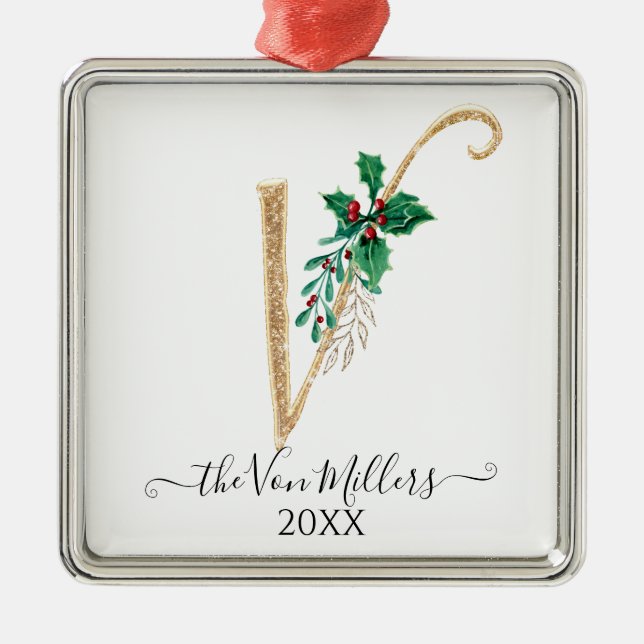 Gold Monogram V Glitzer Christmas Holly Foliage Ornament Aus Metall (Vorne)