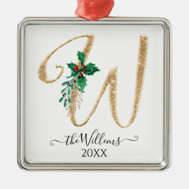 Gold Monogram W Glitzer Christmas Holly Foliage Ornament Aus Metall