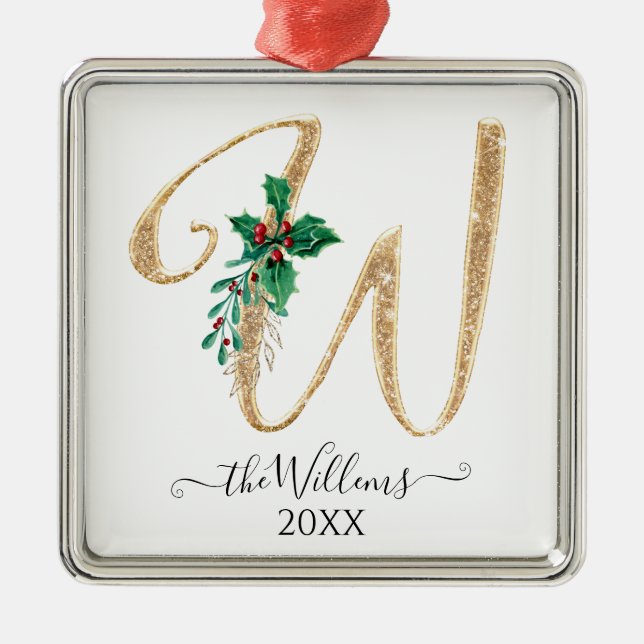 Gold Monogram W Glitzer Christmas Holly Foliage Ornament Aus Metall (Vorne)