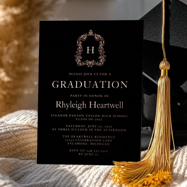 Gold Monogram Wappen Graduation Party der Black Ro Folieneinladung (Von Creator hochgeladen)
