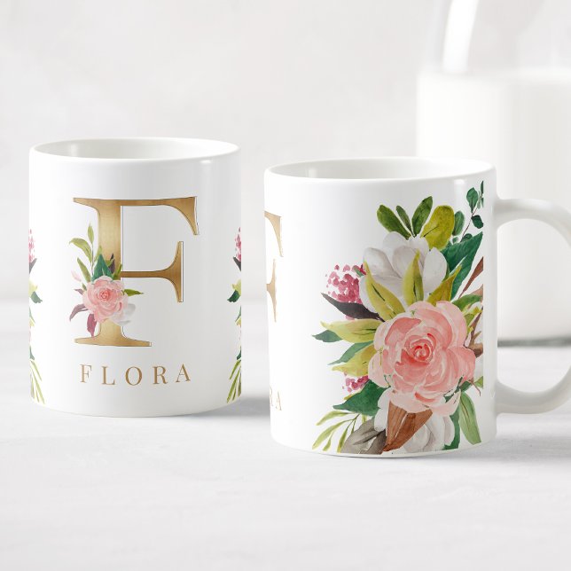Gold Monogram Watercolor Floral Botanic Kaffeetasse (Von Creator hochgeladen)