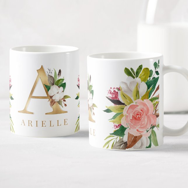 Gold Monogram Watercolor Floral Botanic Kaffeetasse (Von Creator hochgeladen)
