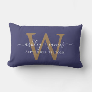 Gold Monogram Wedding Date Navy Blue Lendenkissen