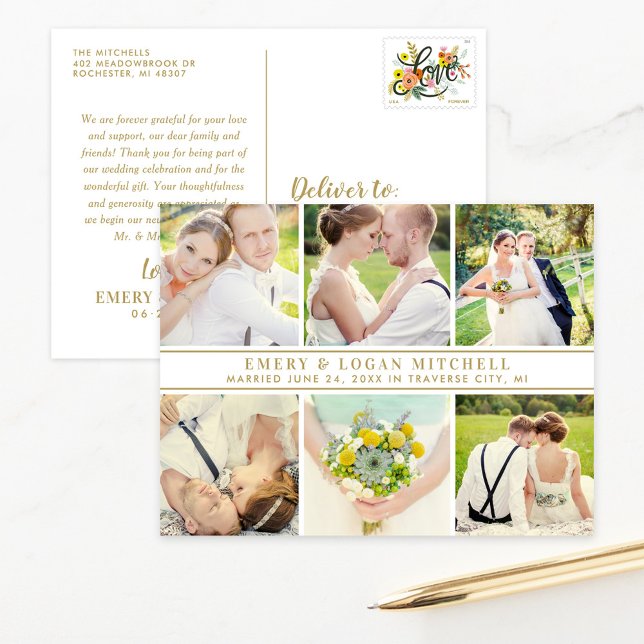 Gold Monogram Wedding Foto Collage Vielen Dank Postkarte (Von Creator hochgeladen)
