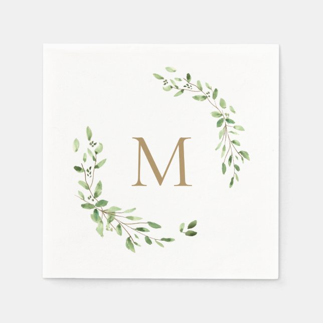 Gold Monogram Wedding Green Blätter Wappen Serviette (Vorderseite)
