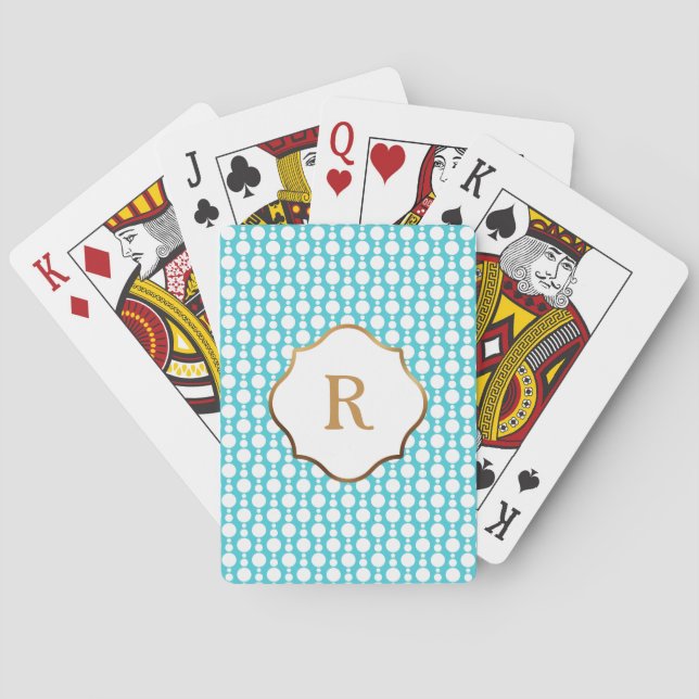 Gold Monogram White Circles on Aqua Retro Pattern Spielkarten (Rückseite)
