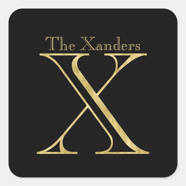 Gold Monogram X und Name auf einer beliebigen Farb Quadratischer Aufkleber (Vorderseite)