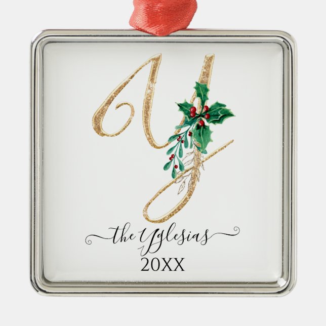 Gold Monogram Y Glitzer Christmas Holly Foliage Ornament Aus Metall (Vorne)