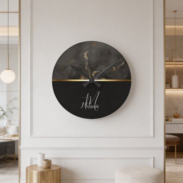Gold-Monogramm aus schwarzem Marmor Runde Wanduhr (Von Creator hochgeladen)