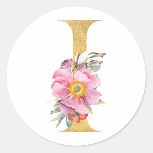 Gold MONOGRAMM Buchstabe I mit Blumen Runder Aufkleber
