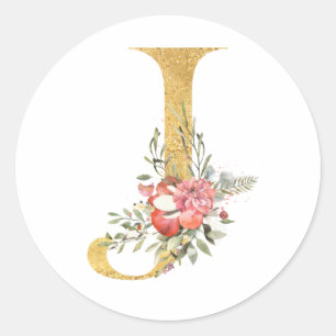 Gold MONOGRAMM Buchstabe J mit Blumen Runder Aufkleber