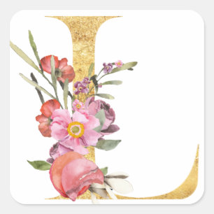 Gold-MONOGRAMM Buchstabe L mit Blume Quadratischer Aufkleber