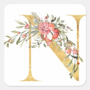 Gold-Monogramm Buchstabe N mit Blume Quadratischer Aufkleber