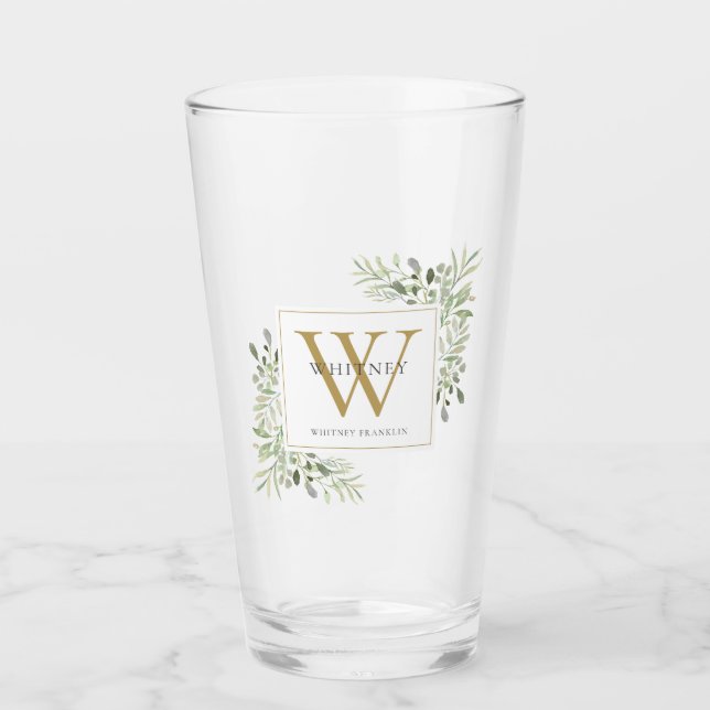 Gold Monogramm Elegantes modernes Grünglas Glas (Vorderseite)
