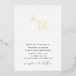 Gold Monogramm Hochzeit. Elegante minimalistische Folieneinladung