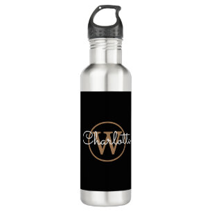 Gold Monogramm Moderne Schrift Schwarz  Edelstahlflasche