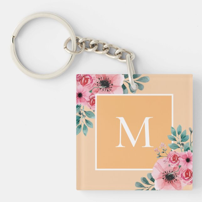 Gold | Monogramm-Schlüsselring für florales Foto Schlüsselanhänger (Vorderseite)