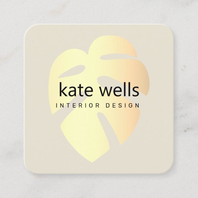 Gold Monstera Tropical Leaf Innendekoration Quadratische Visitenkarte (Vorderseite)