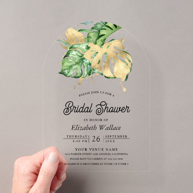 Gold Monstera Tropical Palm Bridal Shower Acryleinladungen (Insitu (Handheld))