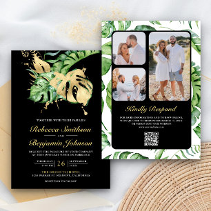 Gold Monstera Tropical Palm QR Code Black Wedding Einladung