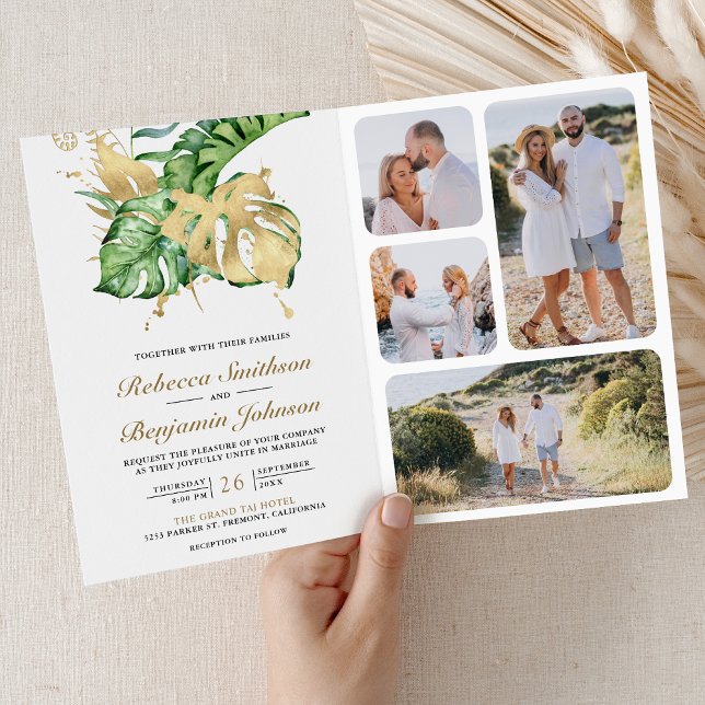 Gold Monstera Tropical Palm QR Code Wedding Einladung (Von Creator hochgeladen)