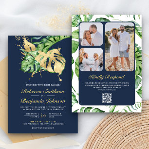Gold Monstera Tropische Palm QR Code Navy Hochzeit Einladung