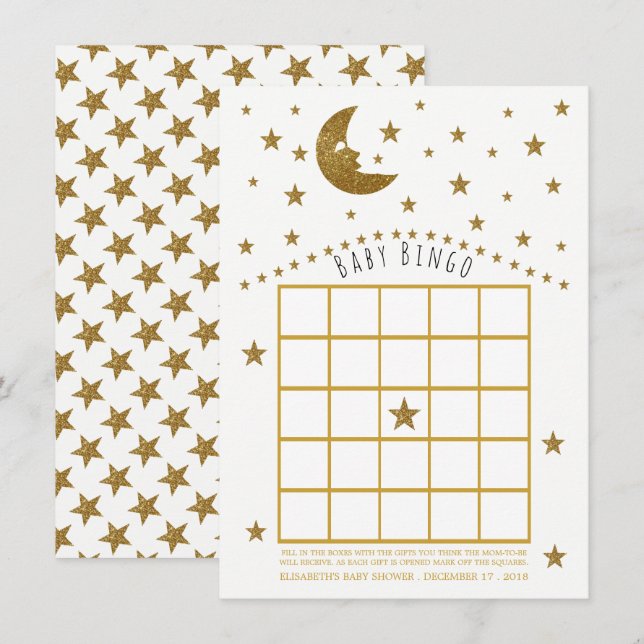Gold Moon and Stars Baby Dusche Bingo Einladung (Vorne/Hinten)