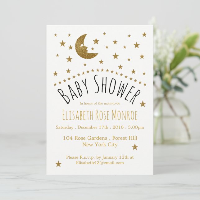 Gold Moon and Stars Baby Dusche Einladung (Stehend Vorderseite)