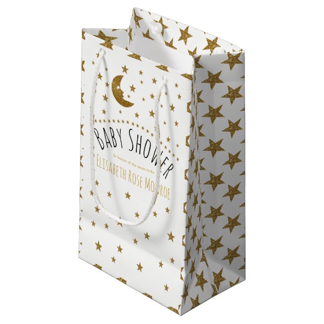 Gold Moon and Stars Baby Dusche Kleine Geschenktüte (Vorderseite Schrägansicht)
